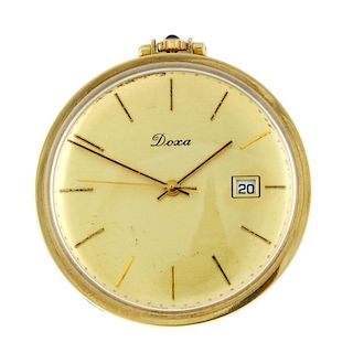 An open face pocket watch by Doxa. 14ct yellow gold case. Numbered 4633. Unsigned keyless wind seven