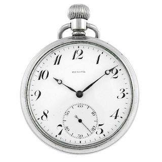 An open face pocket watch by Zenith. Base metal case. Numbered 0994. Signed keyless wind with club t