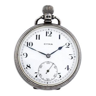 An open face pocket watch by Cyma. Silver case with presentation engraving to the cuvette, hallmarke