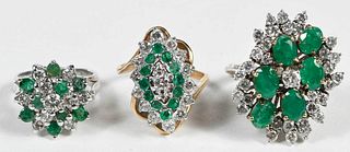 Three Gold Emerald and Diamond Rings