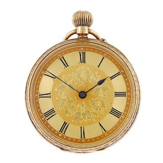 An open face pocket watch. 9ct yellow gold case, hallmarked Birmingham. Unsigned keyless wind three
