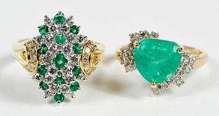Two Gold Emerald and Diamond Rings