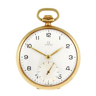 An open face pocket watch by Omega. Yellow metal case, stamped 18K 0.750 with poincon. Signed keyles