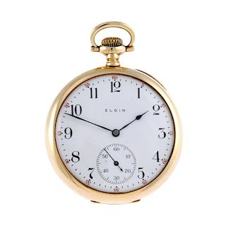 An open face pocket watch by Elgin. Yellow metal case with engraved monogram to case back, stamped 1