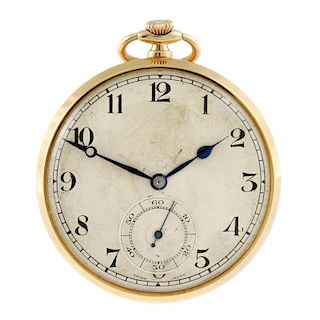 An open face pocket watch by Cyma. 9ct yellow gold case with Masonic detail to rear, hallmarks illeg
