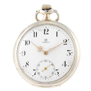 An open face pocket watch by Omega. White metal case, stamped 0.800 with poincon. Signed keyless win