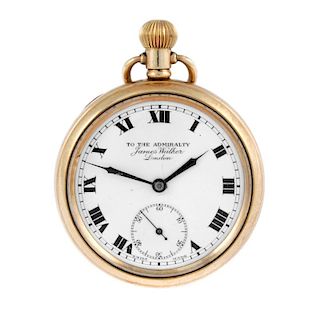 An open face pocket watch by James Walker. Gold plated case. Number 758444. Unsigned keyless wind fi