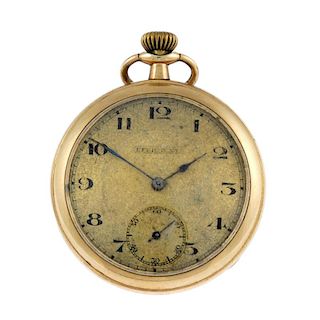 An open face pocket watch by Efficient. Gold plated case. Unsigned keyless wind ten jewel movement w