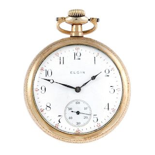 An open face pocket watch by Elgin. Gold plated case. Number 2483272. Signed fifteen jewel movement
