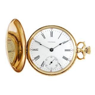 A full hunter pocket watch by Waltham. Yellow metal case, stamped 14k 585, with personal engraving t