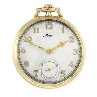 An open face pocket watch by Mido. Yellow metal case, stamped 14k, 0.585. Number 283916. Signed keyl