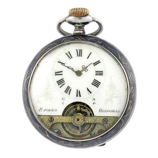 An open face eight day pocket watch by Hebdomas. Continental white metal case, stamped 0,800. Unsign
