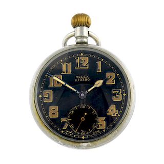 An open face military issue pocket watch by Rolex. Base metal case, stamped with the British broad a
