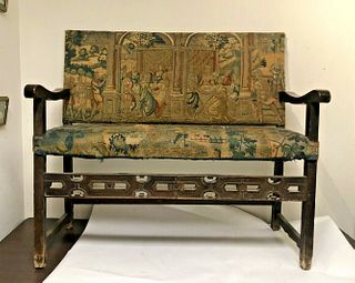 17th Century Spanish Wood Bench With Tapestry. 
