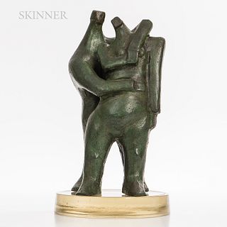 Heriberto Jußrez (Mexican, 1932-2008)

The Embrace. Signed "H. Yuarez" on the left hip of the of the male figure. Bronze with green patina, height 12 