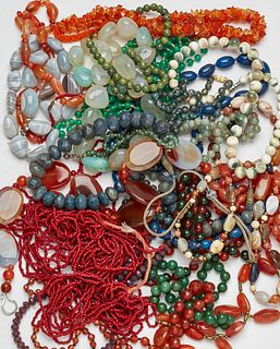 A QUANTITY OF HARDSTONE AND GLASS BEAD NECKLACES, including
