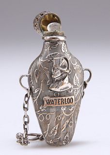 A 19TH CENTURY SILVER-PLATED 'WATERLOO' SCENT FLASK, the fl