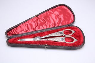 A PAIR OF VICTORIAN SILVER-PLATE GRAPE SCISSORS, cast with 