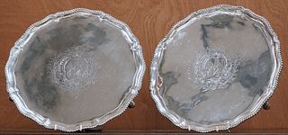 A LARGE PAIR OF GEORGE III SILVER SALVERS, by Thomas Hannam