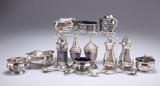 A GROUP OF SILVER CONDIMENTS, including a pair of George V 