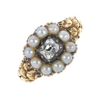 A mid 19th century 15ct gold diamond and split pearl memorial ring. The old-cut diamond, within a sp