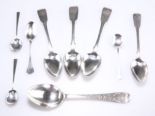 A COLLECTION OF NINE GEORGIAN AND LATER SILVER SPOONS, incl