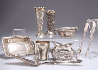 A GROUP OF SILVER, including a pair of George IV sugar tong