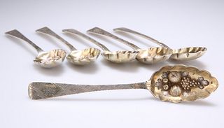 A SET OF SIX VICTORIAN SILVER-GILT BERRY SPOONS, by Charles