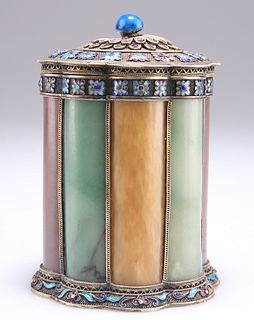A CHINESE SILVER-GILT, JADE AND ENAMEL CADDY, 19TH CENTURY,