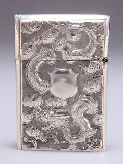 A CHINESE SILVER CARD CASE, CIRCA 1900, the front chased wi