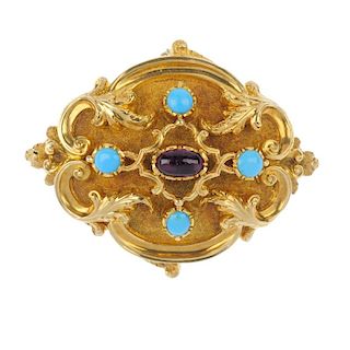 A late 19th century gold garnet and turquoise brooch. The oval garnet cabochon, to the circular turq
