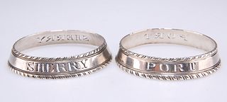 TWO GEORGE III SILVER DECANTER COLLARS, the first, 'SHERRY'