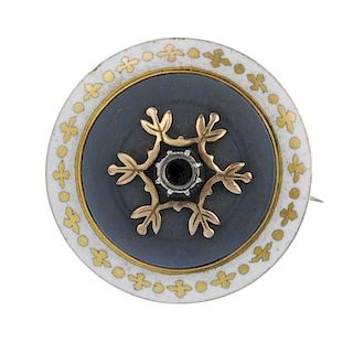 A late 19th century 15ct gold enamel memorial brooch. The foliate overlay, to the circular-shape gem