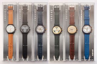 SIX ASSORTED SWATCH CHRONOGRAPH WATCHES, with 38mm cases on