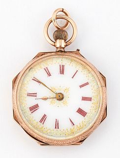 A 9 CARAT GOLD LADY'S FOB WATCH, circular white enamel dial