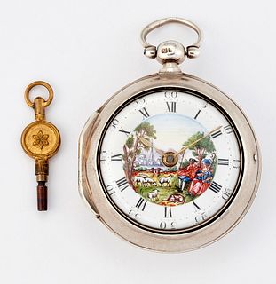 A SILVER PAIR CASED POCKET WATCH, circular white porcelain 