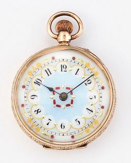 A 14K GOLD LADY'S FOB WATCH, circular pale blue and white e