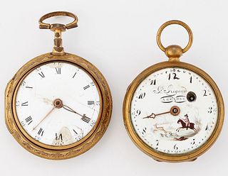 TWO GILT METAL POCKET WATCHES, the first an open faced watc