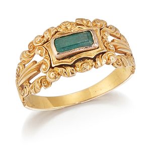 A 19TH CENTURY EMERALD RING, an octagonal-cut emerald in a 