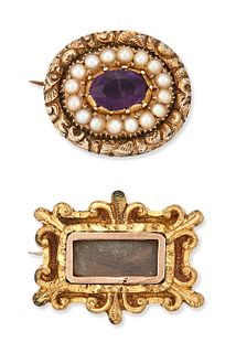 TWO GEORGIAN BROOCHES, COMPRISING; AN AMETHYST AND SEED PEA