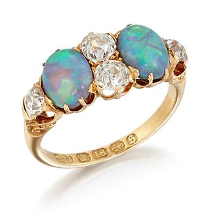 A VICTORIAN 18CT GOLD BLACK OPAL AND DIAMOND RING, two oval
