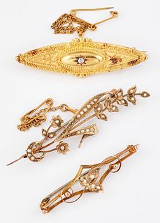 A GROUP OF THREE BROOCHES, comprising; A VICTORIAN 15CT GOL