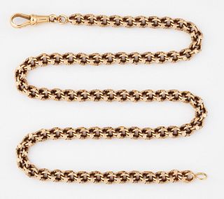 A FANCY CHAIN NECKLACE, with clip and marked ‘15CT’. Length