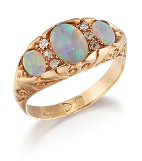 AN 18CT GOLD OPAL AND DIAMOND RING, three graduated oval op