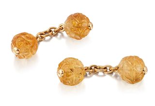 A PAIR OF CITRINE DOUBLE CUFFLINKS, each with two carved ci