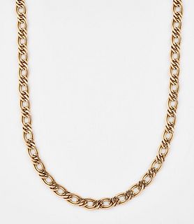 A 9CT GOLD FANCY LINK CHAIN NECKLACE, of double long and sh