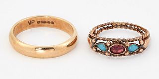 TWO GOLD RINGS, comprising; A GARNET AND TURQUOISE RING, wi