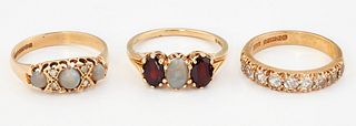 THREE 9CT GOLD GEM-SET RINGS, including; AN OPAL AND WHITE 