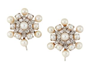 A PAIR OF CULTURED PEARL AND DIAMOND CLIP EARRINGS, each as