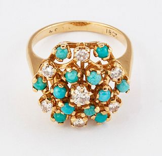 A TURQUOISE AND DIAMOND CLUSTER RING, a hexagonal cluster s